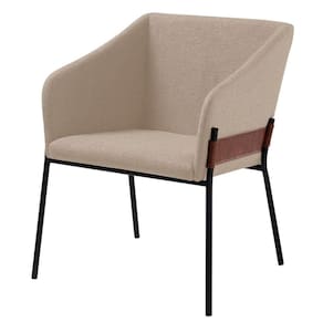 Poltrona Jobim Daf Móveis Concha em Mdf Linho Bege Detalhe Lateral Courissimo Caramelo Base Aço Preto