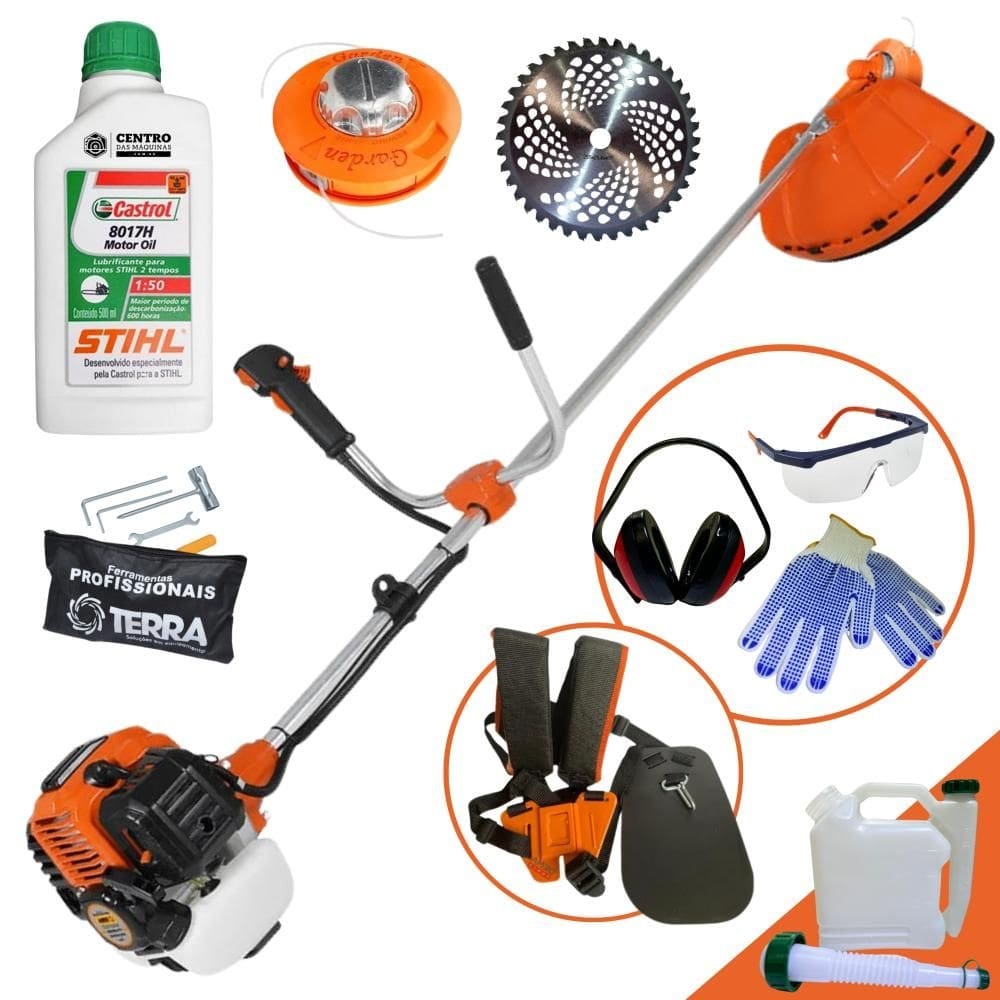 Roçadeira Com ÓLEO STIHL GR520XP Terra 52cc 2,5HP Faca 40 Dentes e Carretel Nylon + KIT Completo de Proteção Individual Ideal na Manutenção de Jardins