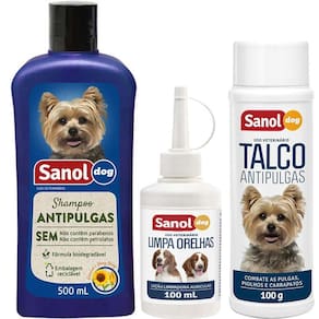Kit Higiene antipulgas para cães: Shampoo e Talco Anti pulgas, Limpador de orelhas Sanol