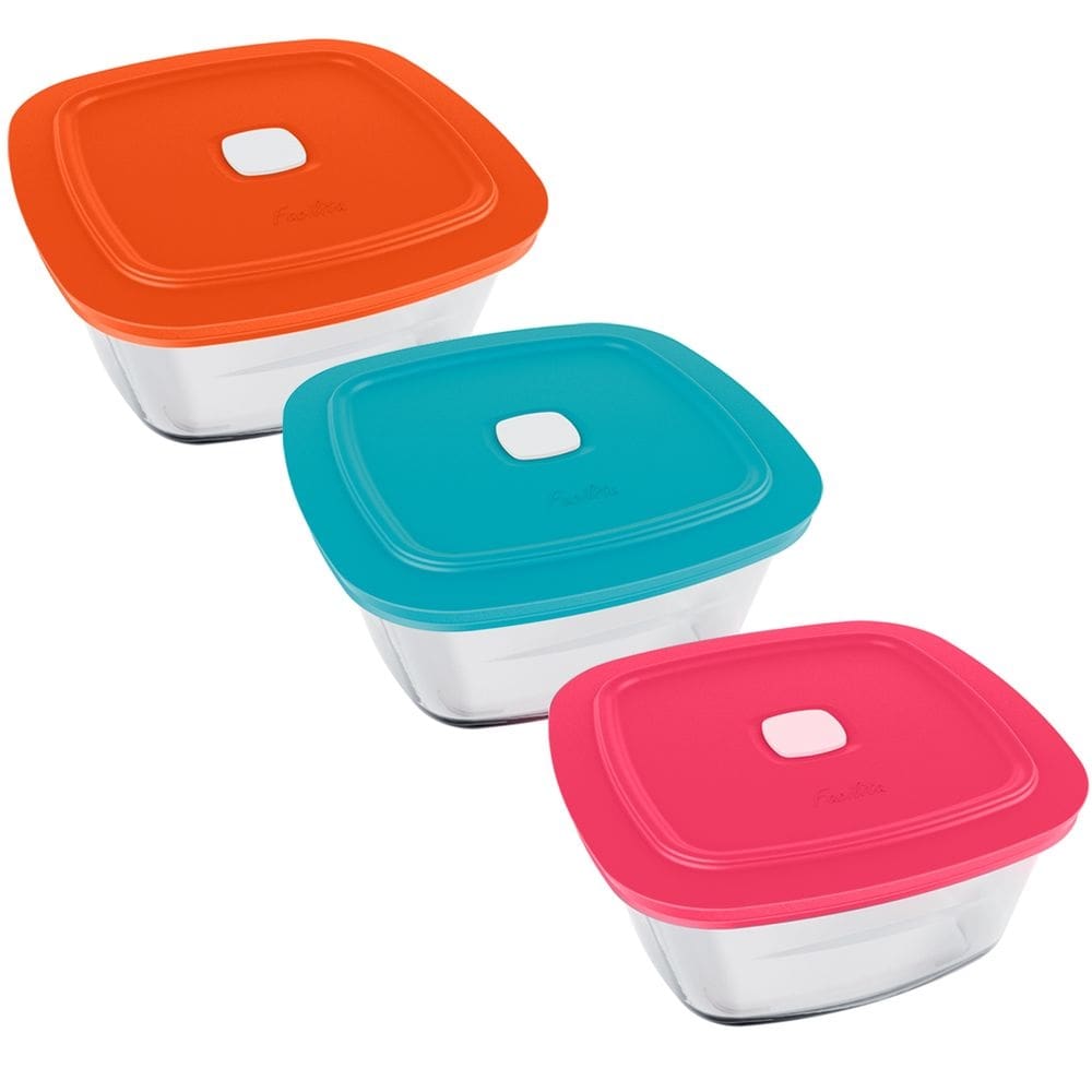 3 Potes de Vidro com Tampa Quadrado 2L Marinex Facilita Cores Tigelas