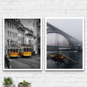 Kit 2 Quadros Portugal Amarelos 33X24Cm Madeira Branca