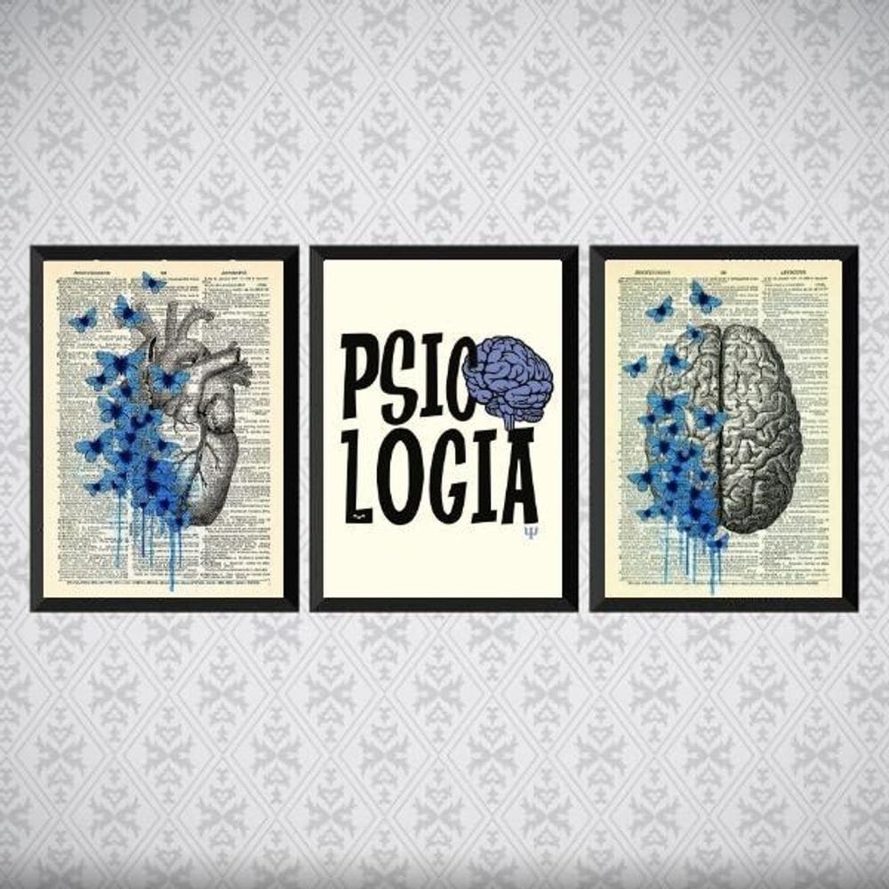 Kit 3 Quadros Psicologia Razão E Emoção 33X24Cm Vidro Preta