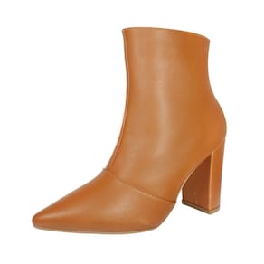 Bota Salto Alto Grosso Cano Curto Bico Fino Luiza Sobreira Caramelo Mod. 2225