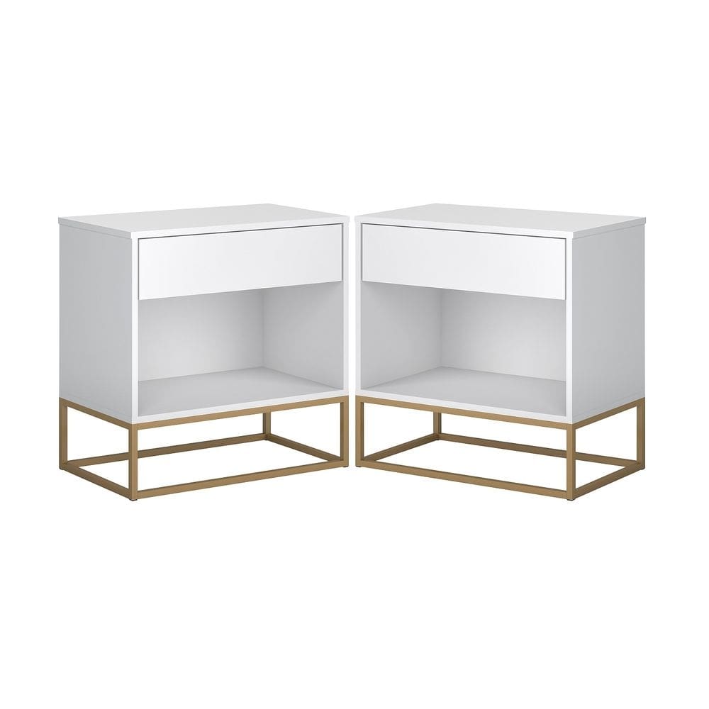 2 Mesas de Cabeceira Industrial Gaveta Nicho Branco 45cm com Pés de Ferro Dourado