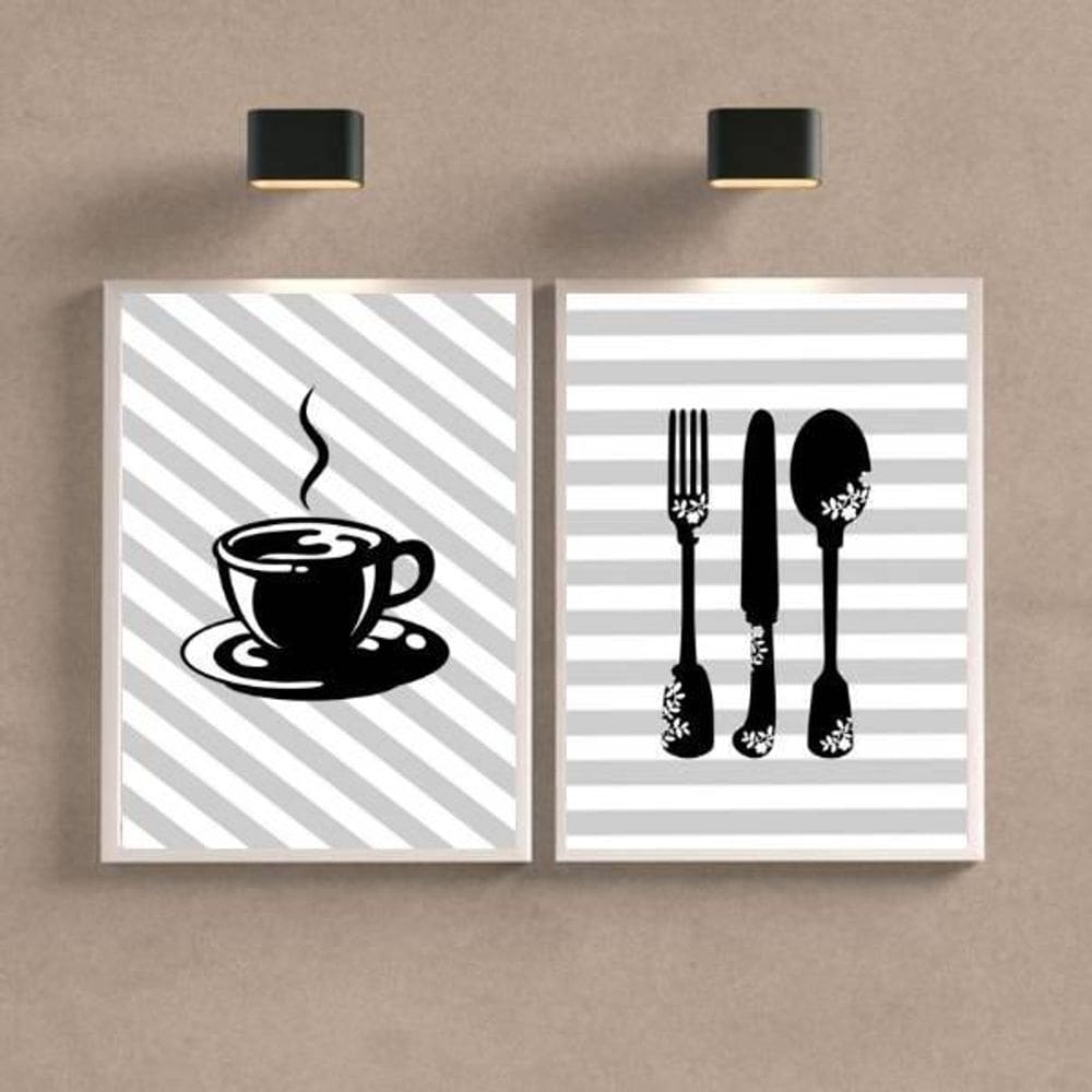 Kit 2 Quadros Cozinha/Café Listrado 24X18Cm Moldura Branca