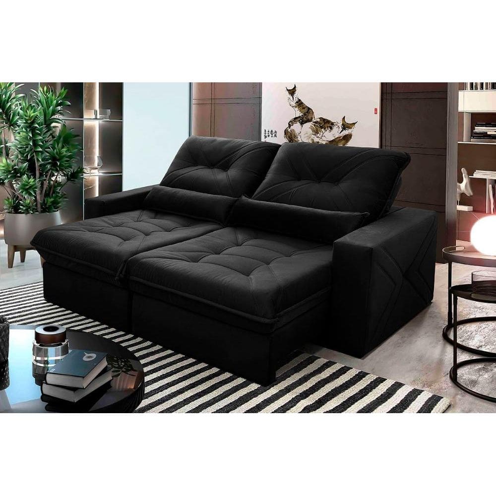 Sofá Retrátil Reclinável Sevilha 3,00m Suede Velut Preto Molas Ensacadas - King House