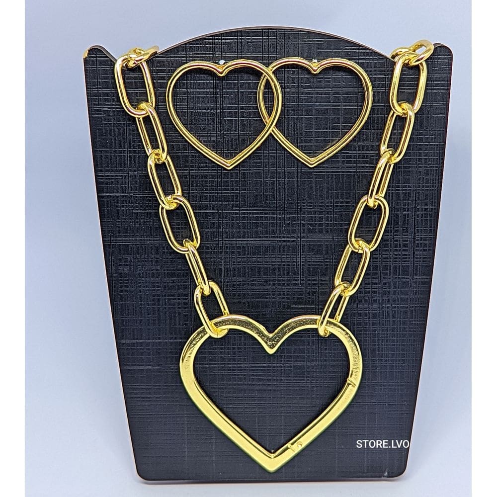 Kit Colar e Brincos Corrente Elo Grosso Coração Mosquetão Grande Folheado Ouro Conjunto Par de Brinco Antialérgico Luxo
