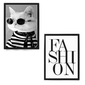 Kit 2 Quadros Fashion Gatinho Moda 24X18Cm Madeira Preta