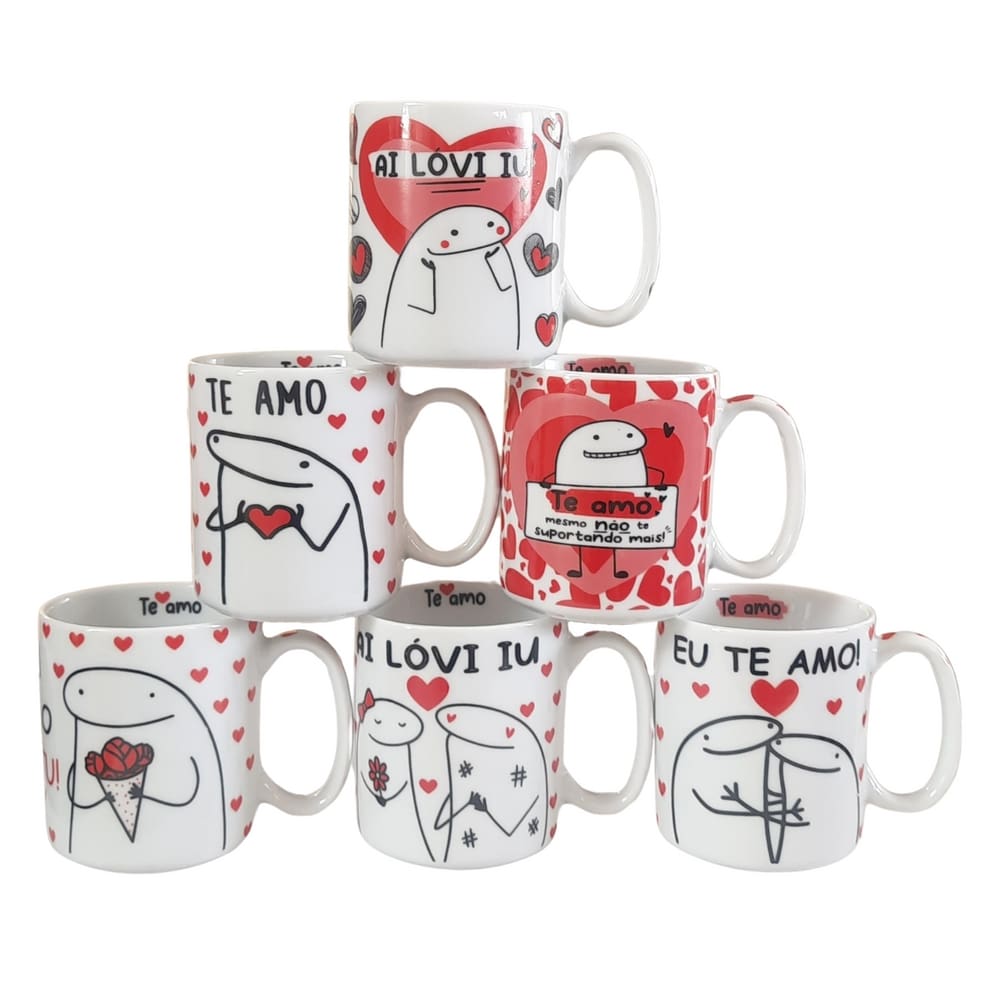 Kit Jogo 6 canecas Flork 300ml Frases Namorados - Porcelana