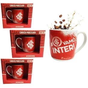 Kit 3 Canecas Porcelana Vermelho Branco Urban 300Ml Café