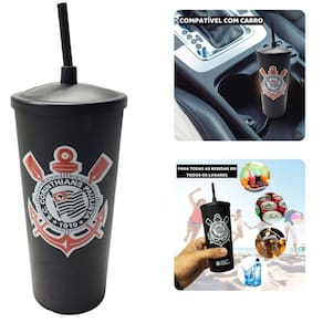 Copo Plástico Preto Tampa + Canudo 500Ml Time Corinthians