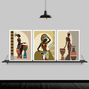 Kit Quadros Arte Africana Mulheres 24X18Cm Com Vidro 3 Peças