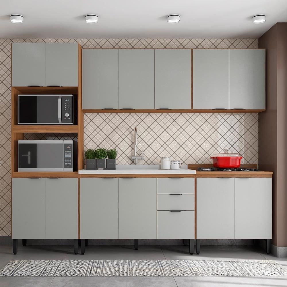 Cozinha Modulada Completa 14 Portas 02 Gavetas Firenze Amêndola Nude Prime TX Demóbile