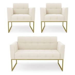 Kit 1 Sofá Namoradeira E 2 Poltronas Elisa Veludo Base Metálica Industrial Dourado - D`rossi Cor Bege