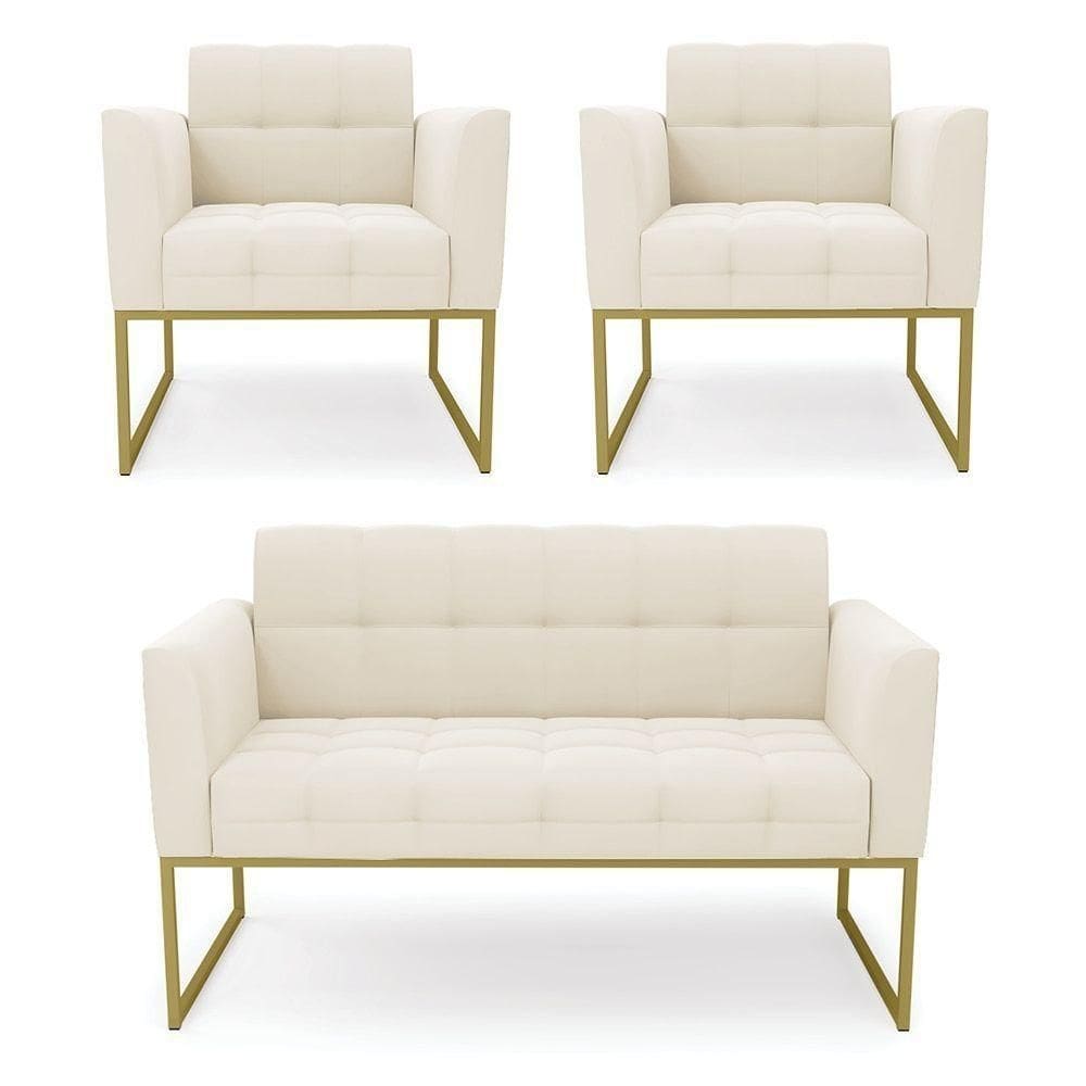 Kit 1 Sofá Namoradeira E 2 Poltronas Elisa Veludo Bege Base Metálica Industrial Dourado - D`rossi