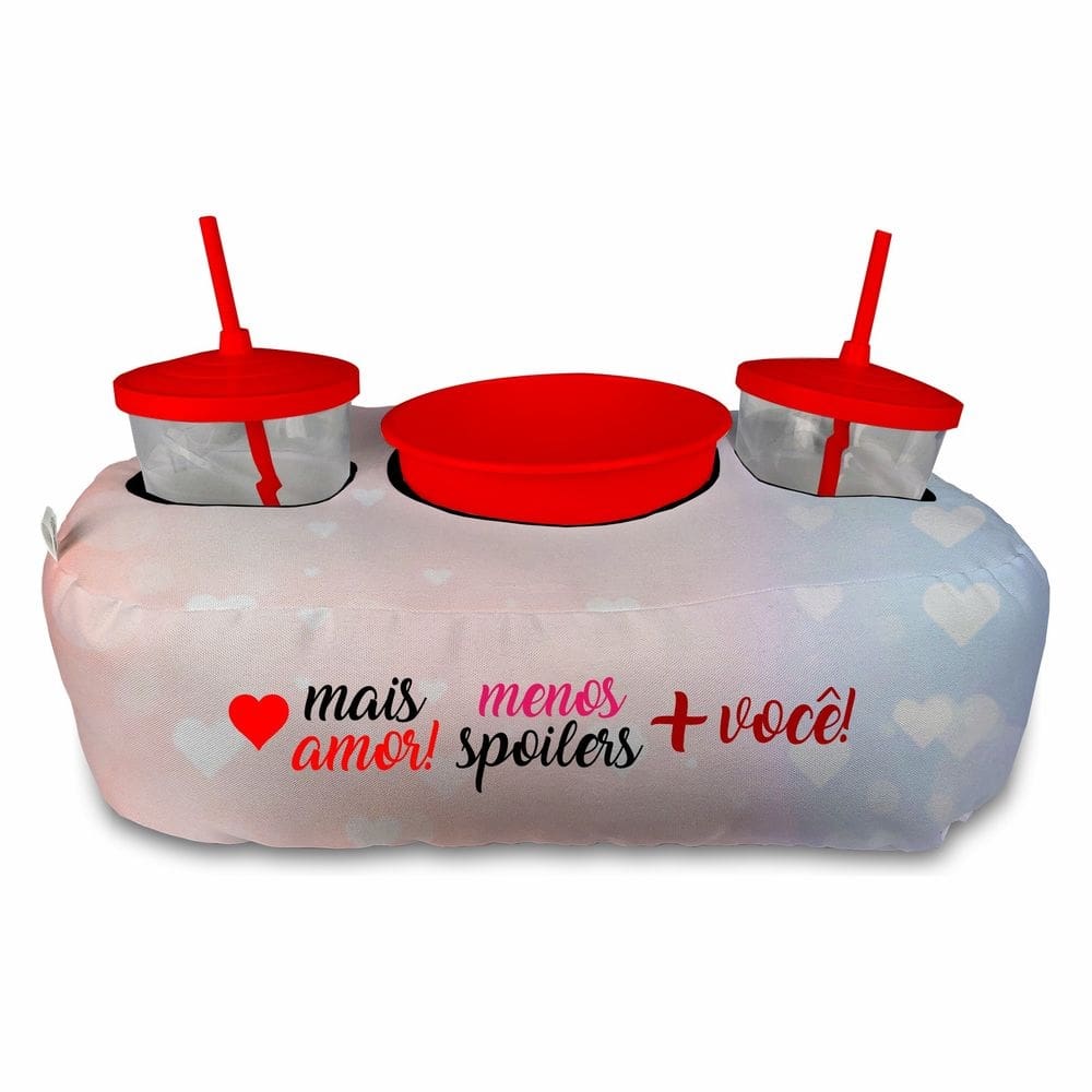 Almofada Kit Cinema Pipoca 2 copos canudo e balde Namorados Mais Amor Menos Spoilers + Você
