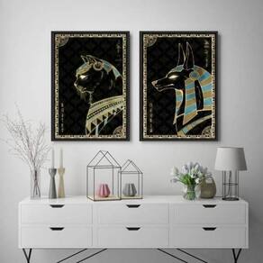 Kit 2 Quadros Animais Egípcios 45X34Cm Moldura Preta