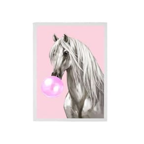 Quadro Cavalo Horse Bubble Gum 45X34 C/Vidro Madeira Branca