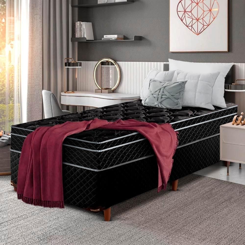 Cama Box Solteiro + Colchão D33 Molas Ensacadas Preto Pérola Negra Gazin Umaflex - Preto