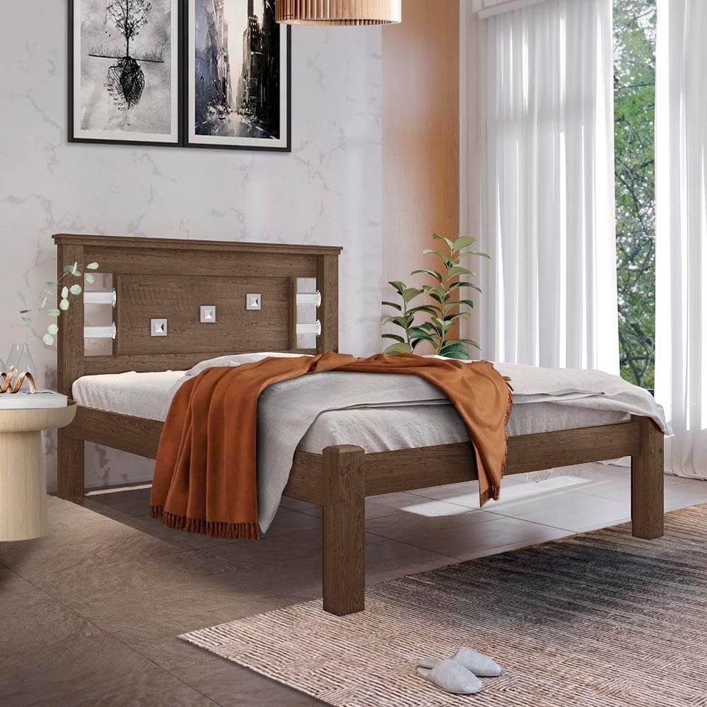 Cama Com Colchão Casal MDF Madeira Maciça Chocolate Leny Shop JM - Marrom Chocolate