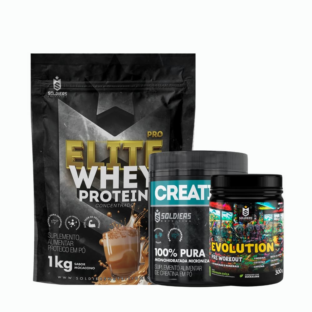 Kit: Whey Protein Elite-Pro 1kg +Creatina Monohidratada Pote 300g - 100% Pura+Pré-Treino Evolution Pré Workout 300g - So