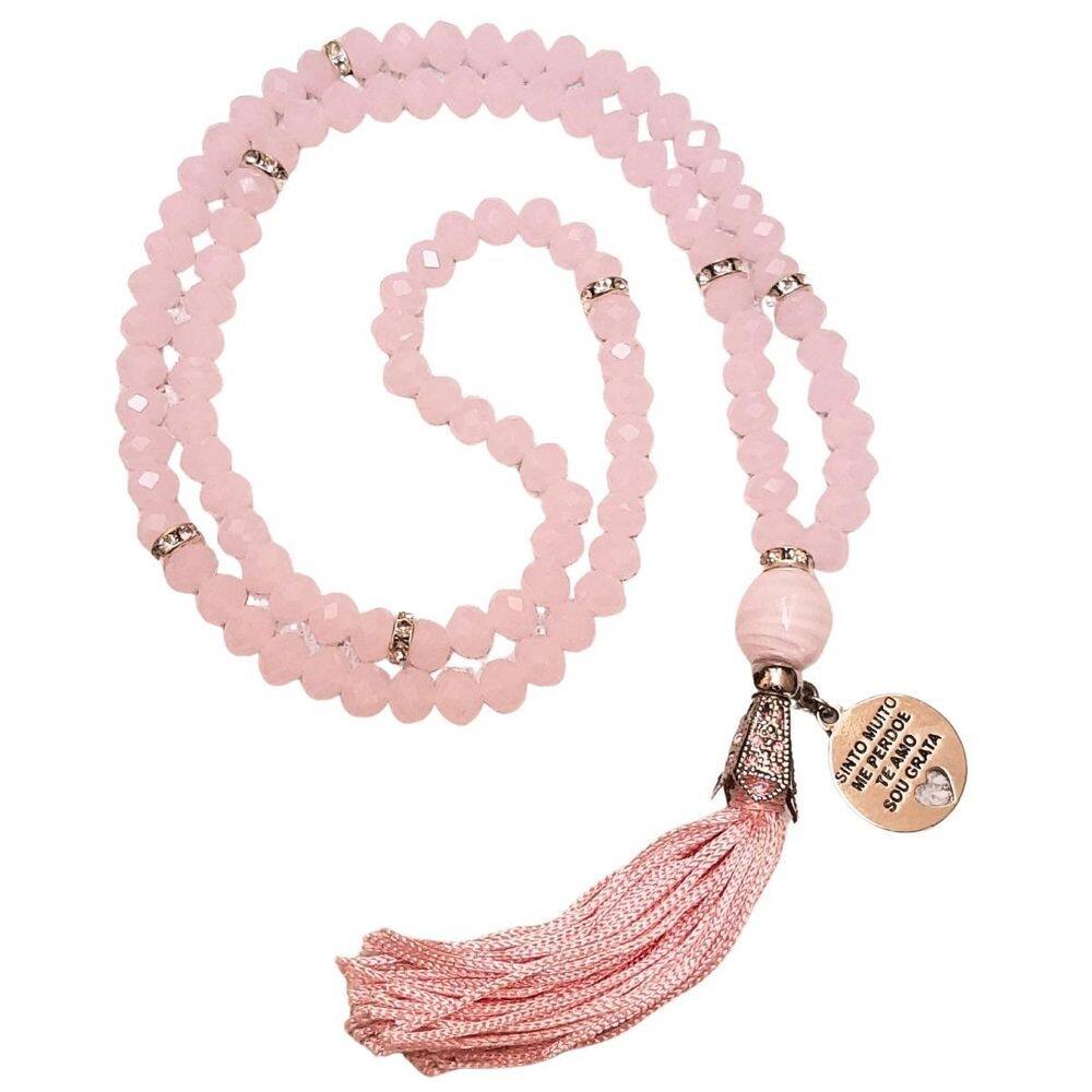 Japamala 108 contas em cristal rosa e pingente ho`oponopono