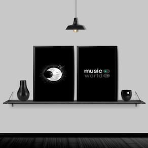Kit 2 Quadros Music On World Off 45X34Cm Moldura Preta