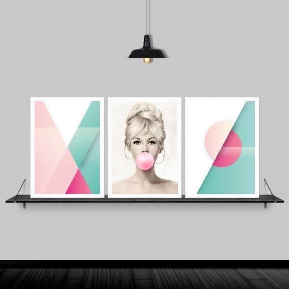 Kit 3 Quadros Abstratos Brigitte Chiclete 33X24Cm Branca