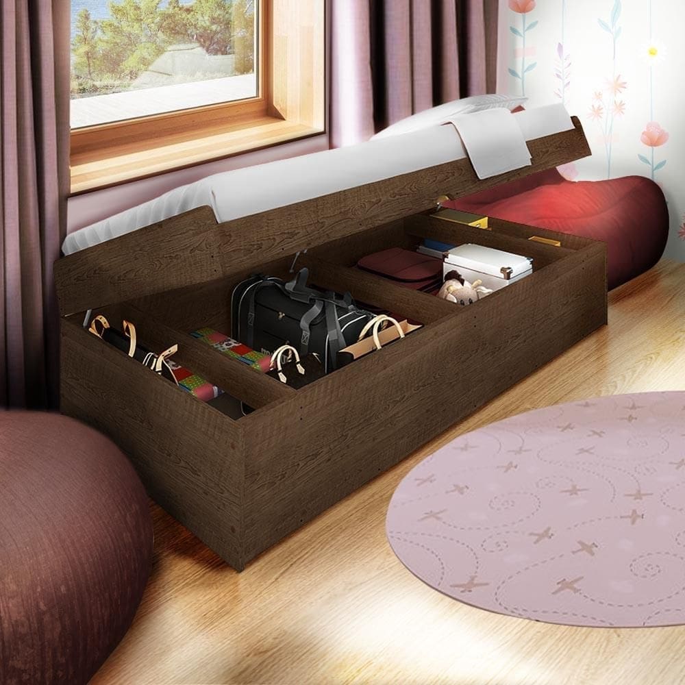 Cama Baú Com Colchão Ortobom Solteiro Reforçada Malbec Carina Shop JM - Marrom