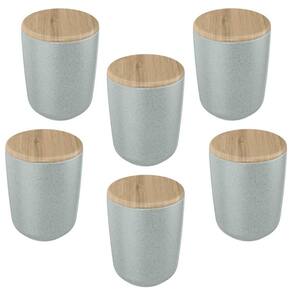 6x Porta Algodão Cotonete OU Ceramica Cinza c/ Tampa Bambu