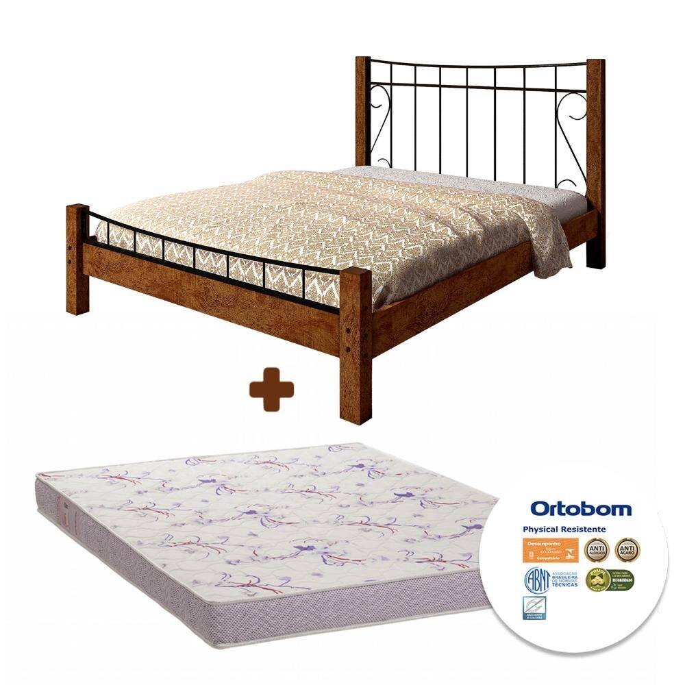 Cama Com Colchão Ortobom Casal Aço MDF Madeira Reforçada Canela Rústico Preto Reina Shop JM - Marrom