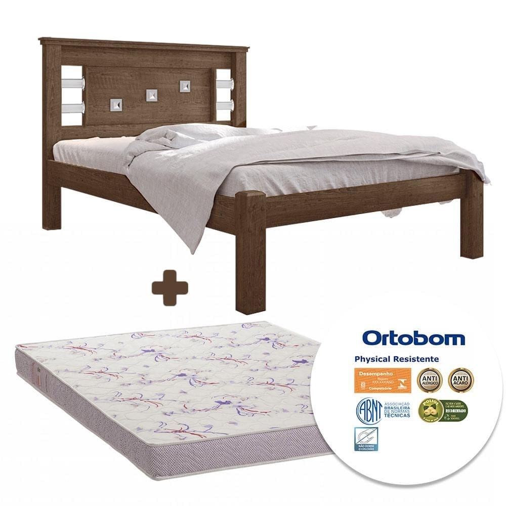 Cama Com Colchão Ortobom Casal MDF Madeira Maciça Chocolate Leny Shop JM - Marrom Chocolate
