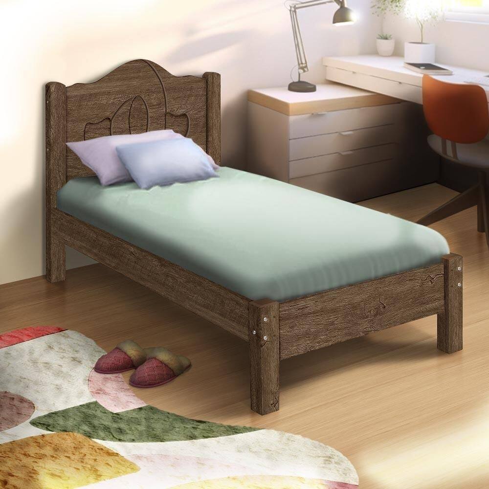 Cama Com Colchão Solteiro Reforçada MDF Madeira Maciça Mocaccino Calina Shop JM - Marrom