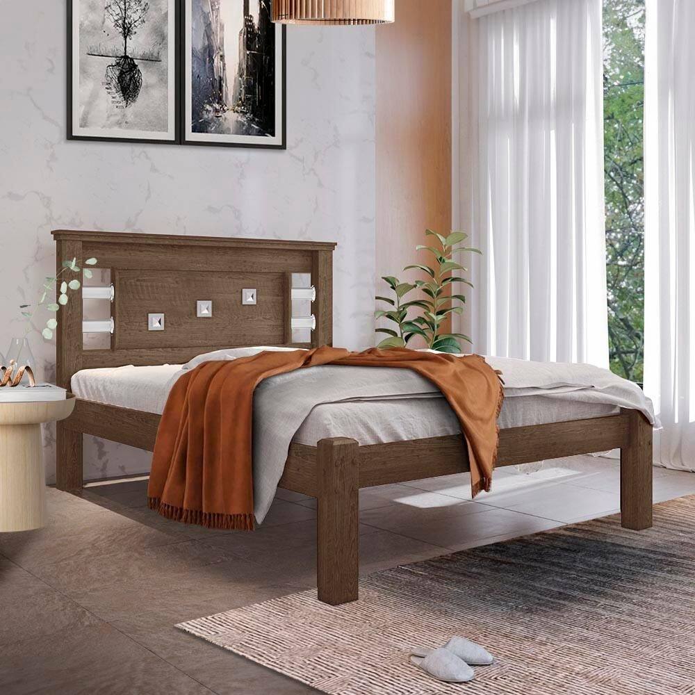 Cama Casal MDF Madeira Maciça Chocolate Leny Shop JM - Marrom