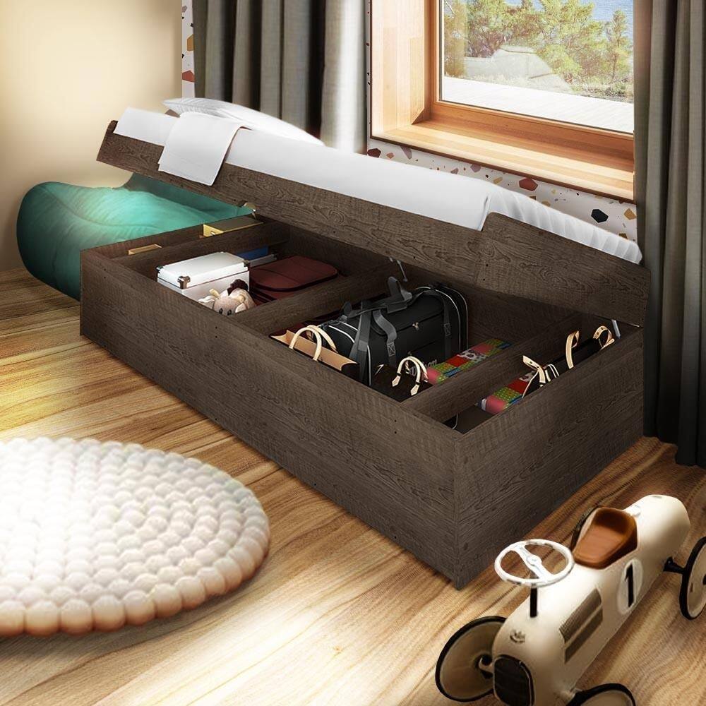 Cama Baú Com Colchão Ortobom Solteiro Reforçada Chocolate Carina Shop JM - Marrom