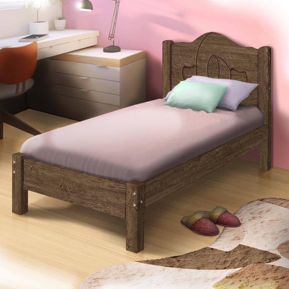 Cama Com Colchão Ortobom Solteiro Reforçada MDF Madeira Maciça Mocaccino Calina Shop JM - Marrom