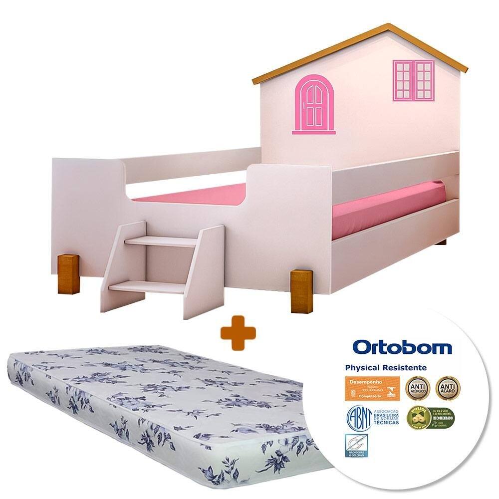 Cama Montessoriana Com Colchão Ortobom Solteiro Grade De Proteção Branco Rosa Belle Shop JM - Rosa