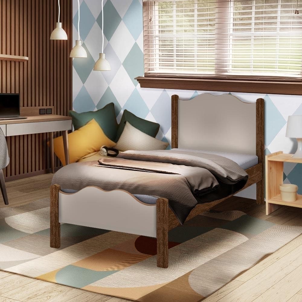Cama Com Colchão Ortobom Solteiro 100% MDF 197 x 92 cm Âmbar Off White Sierra Shop JM - Marrom