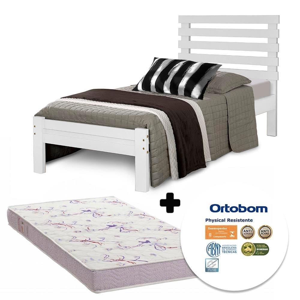 Cama Com Colchão Ortobom Solteiro Branca 100% Madeira Maciça Renna Shop JM - Branco