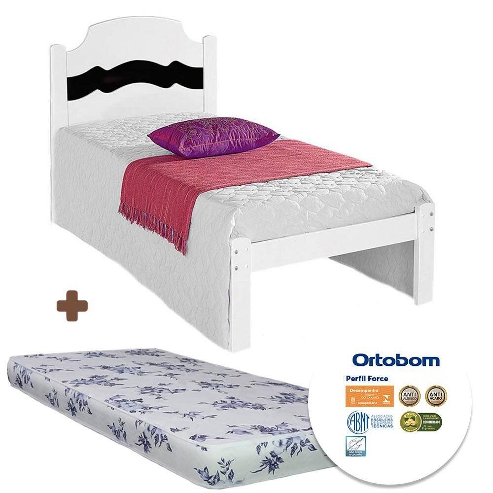 Cama Com Colchão Ortobom Solteiro Reforçada 100% MDF Branco Preto Irish Shop JM - Branco