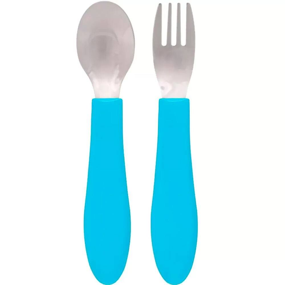 Kit Talheres Inox e Cabo Silicone Pandinha Azul 16972 - Buba