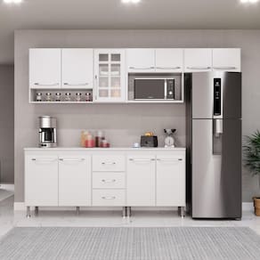 Cozinha Modulada Completa Fidelitá Viena 5 Peças 260cm 11 Portas 3 Gavetas Com Tampo Branco