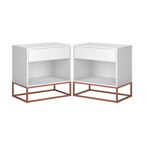 Jogo 2  Mesa De Cabeceira Malta 45Cm Branco Pés De Ferro Cobre