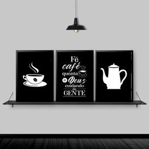 Kit 3 Quadros Decorativos Fé Café E Deus 24X18 Madeira Preta