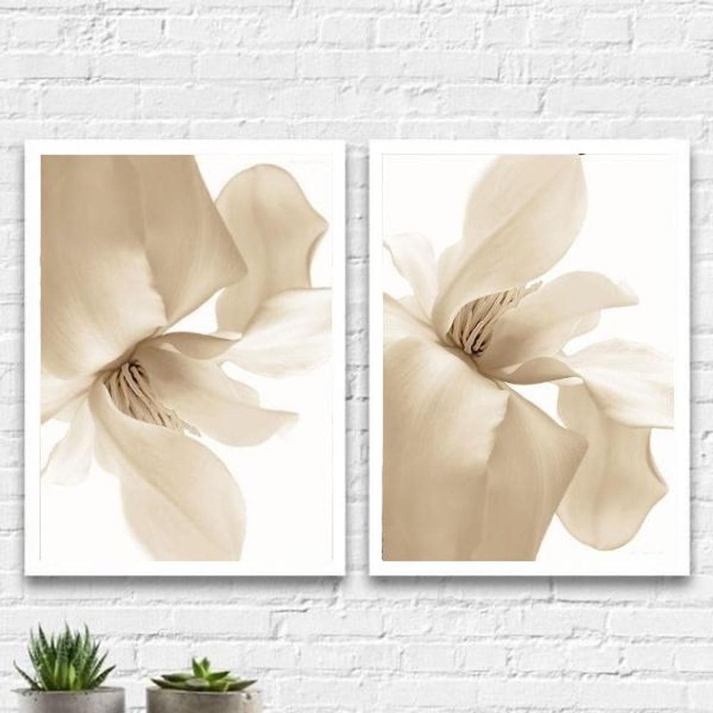 Kit 2 Quadros Modernos Flores Brancas 33X24Cm Madeira Branca