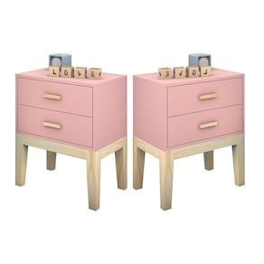 kit 2 mesa de cabeceira para quarto infantil rosa com puxadores e pes de madeira classico