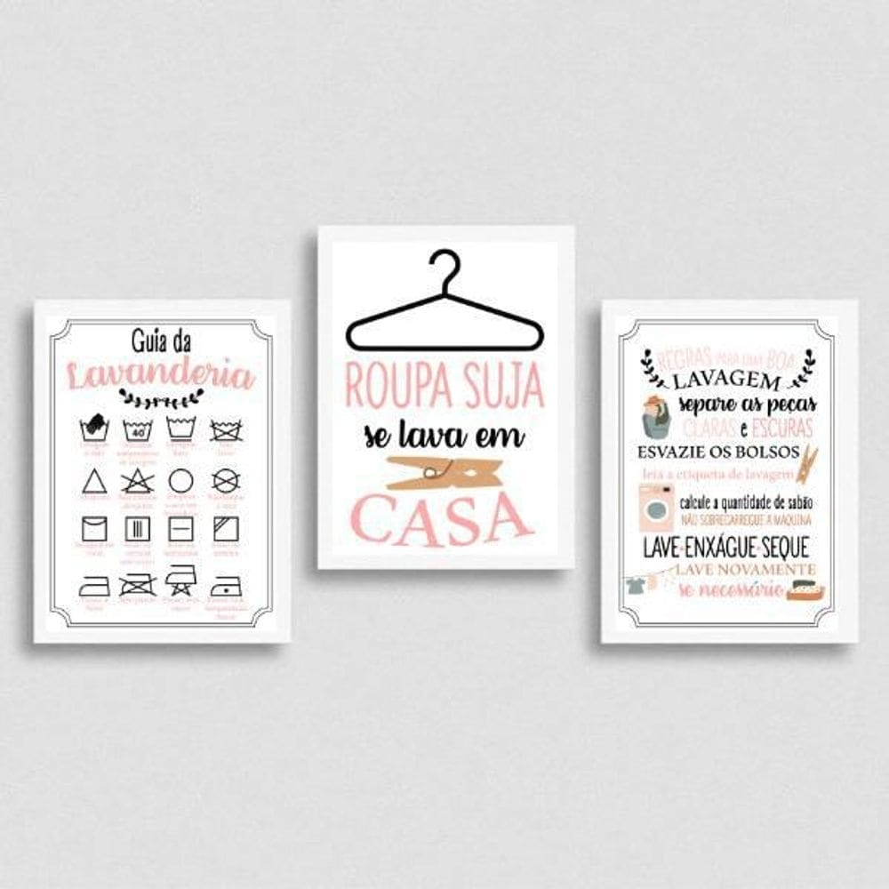 Kit 3 Quadros Lavanderia Rosa 24X18Cm Moldura Branca