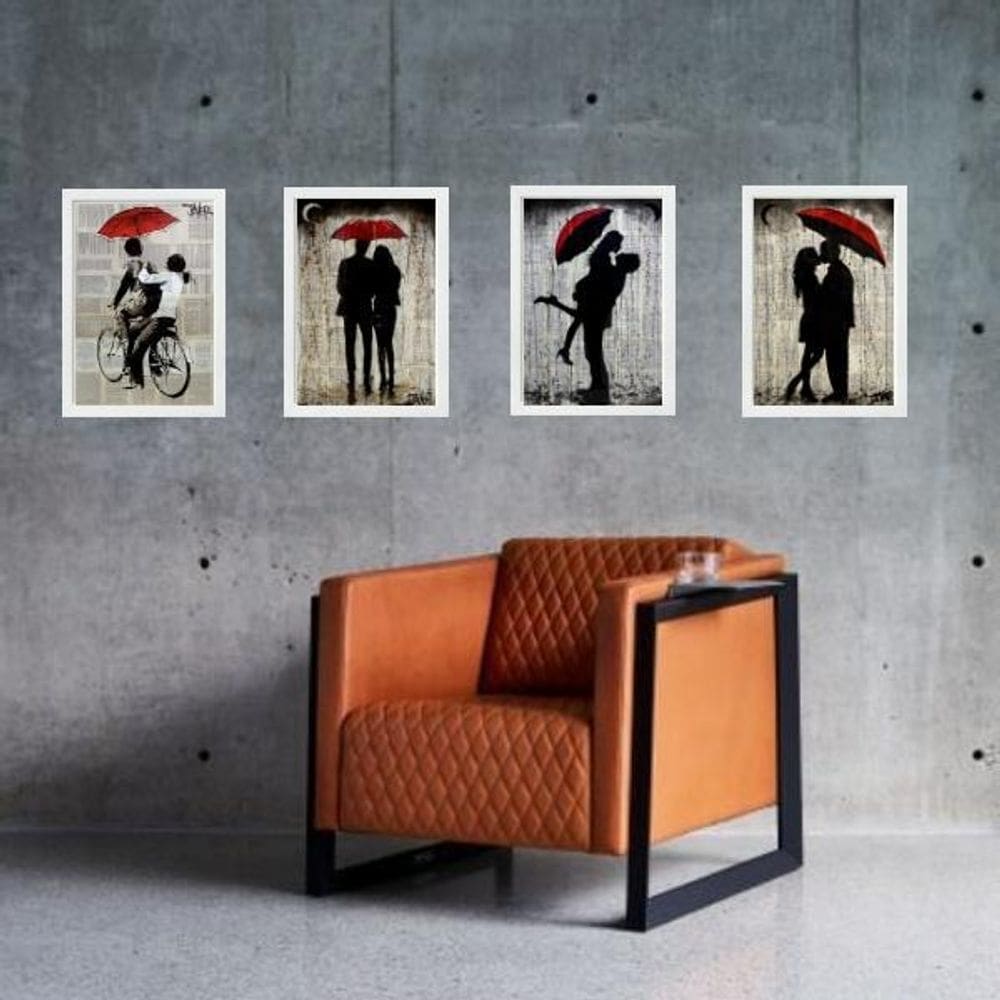 Kit 4 Quadros Casal Sombrinha Vermelha 24X18Cm