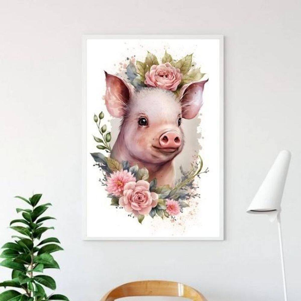 Quadro Porquinho Floral - Aquarela 45X34Cm