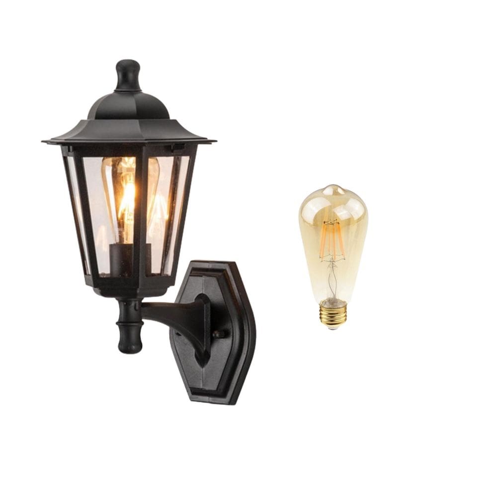 Arandela preta externa colonial e27 lente transp.lup42 + led